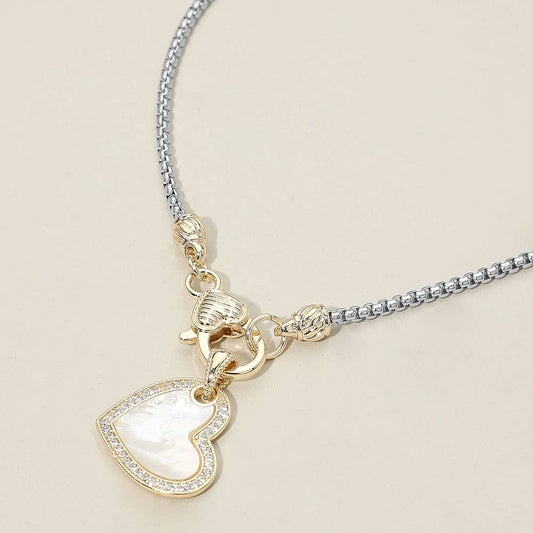 14K Gold Plated Two Tone Stone Paved Mother of Pearl Heart Pendant Necklace