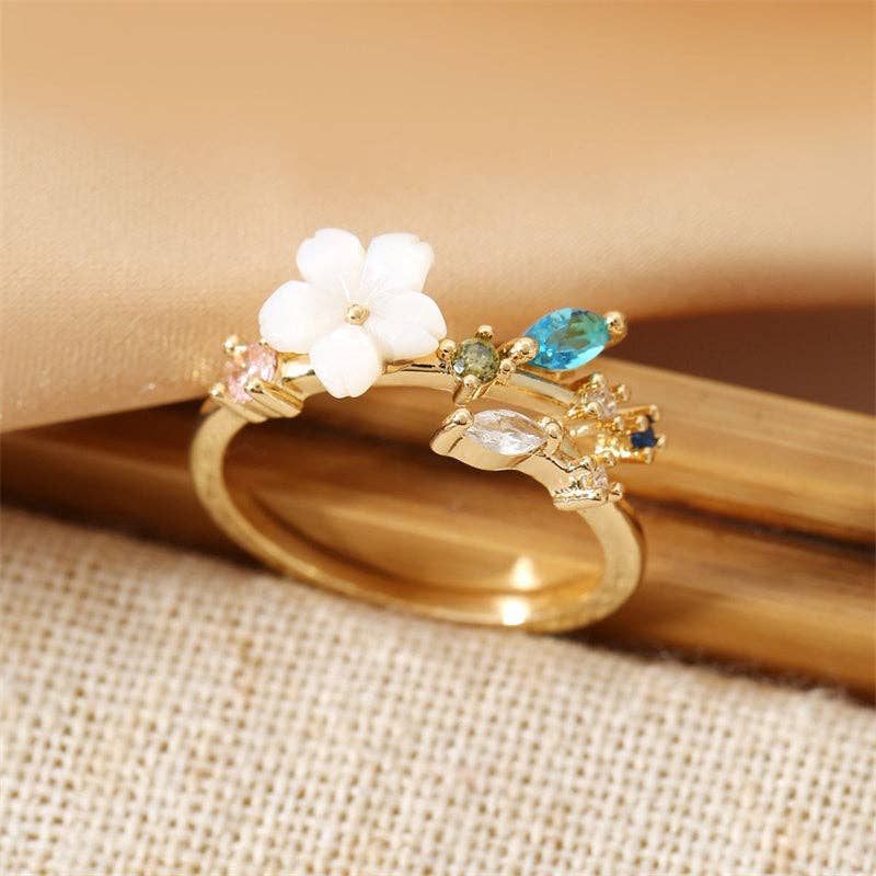 Mother Of Pearl Cherry Blossom Flower Ring in Solid Copper
