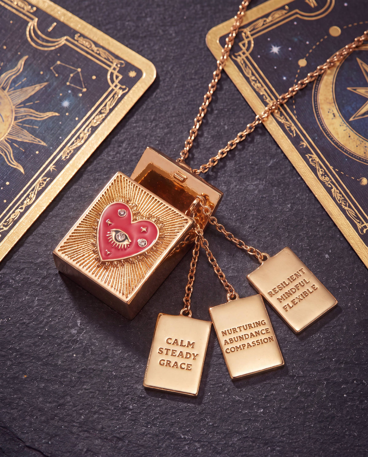 Good Fortune Tarot Box Locket Pendant Necklace