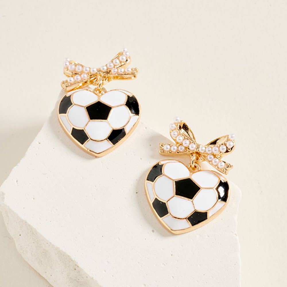 Pearl Bow Heart Shaped Soccer Ball Drop Dangle Earrings