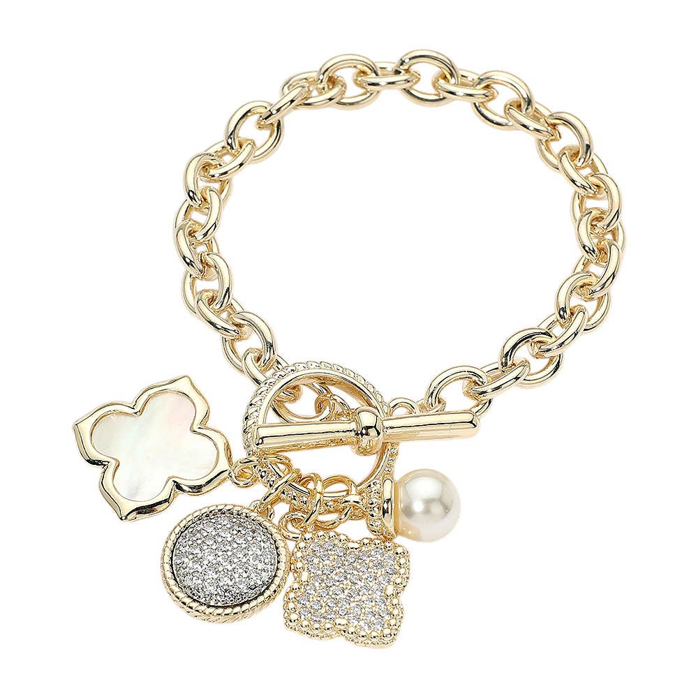 14K Gold Plated Pave Quatrefoil Pearl Floral Charm Toggle Bracelet