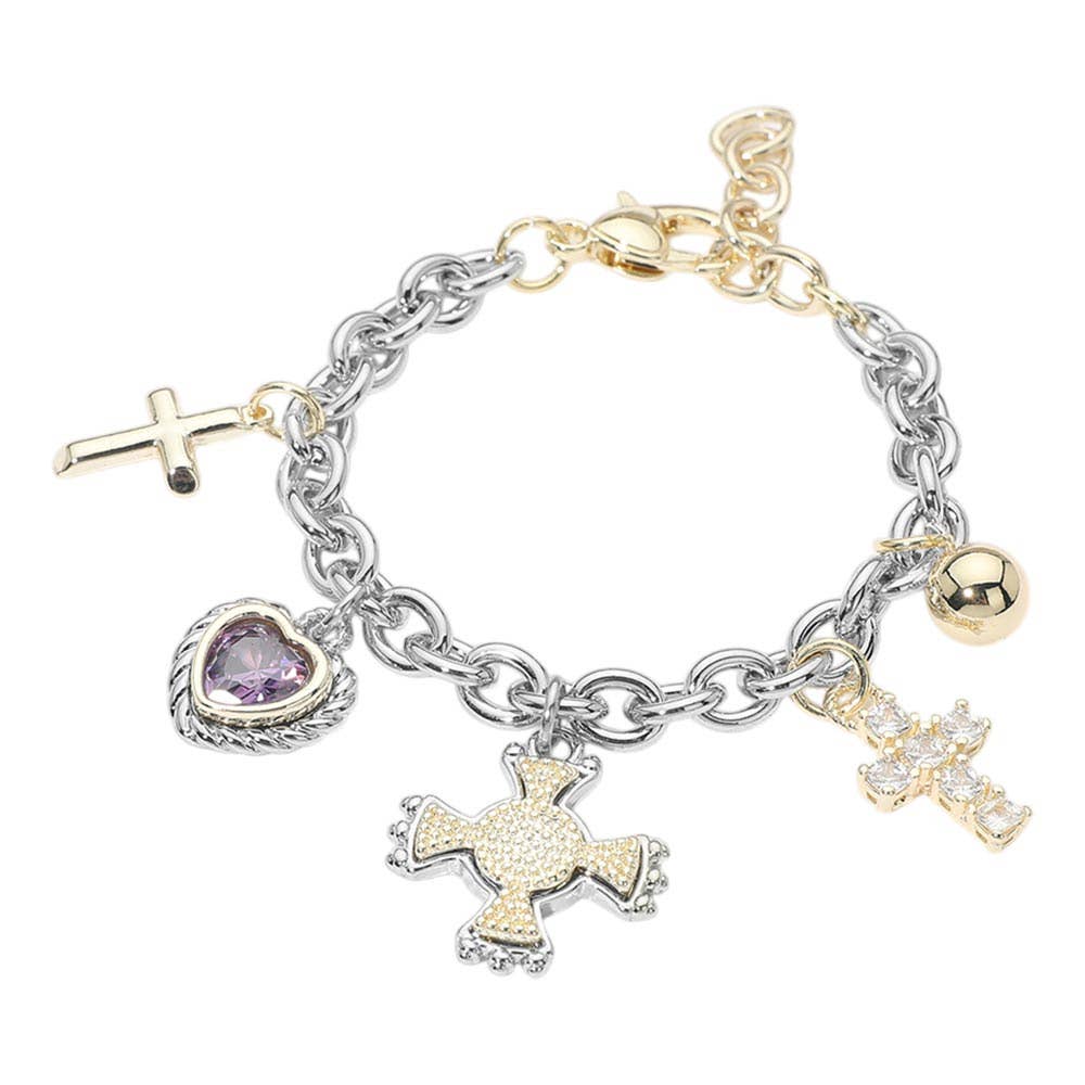 14K Gold Plated Heart Cross Charm Station Bracelet