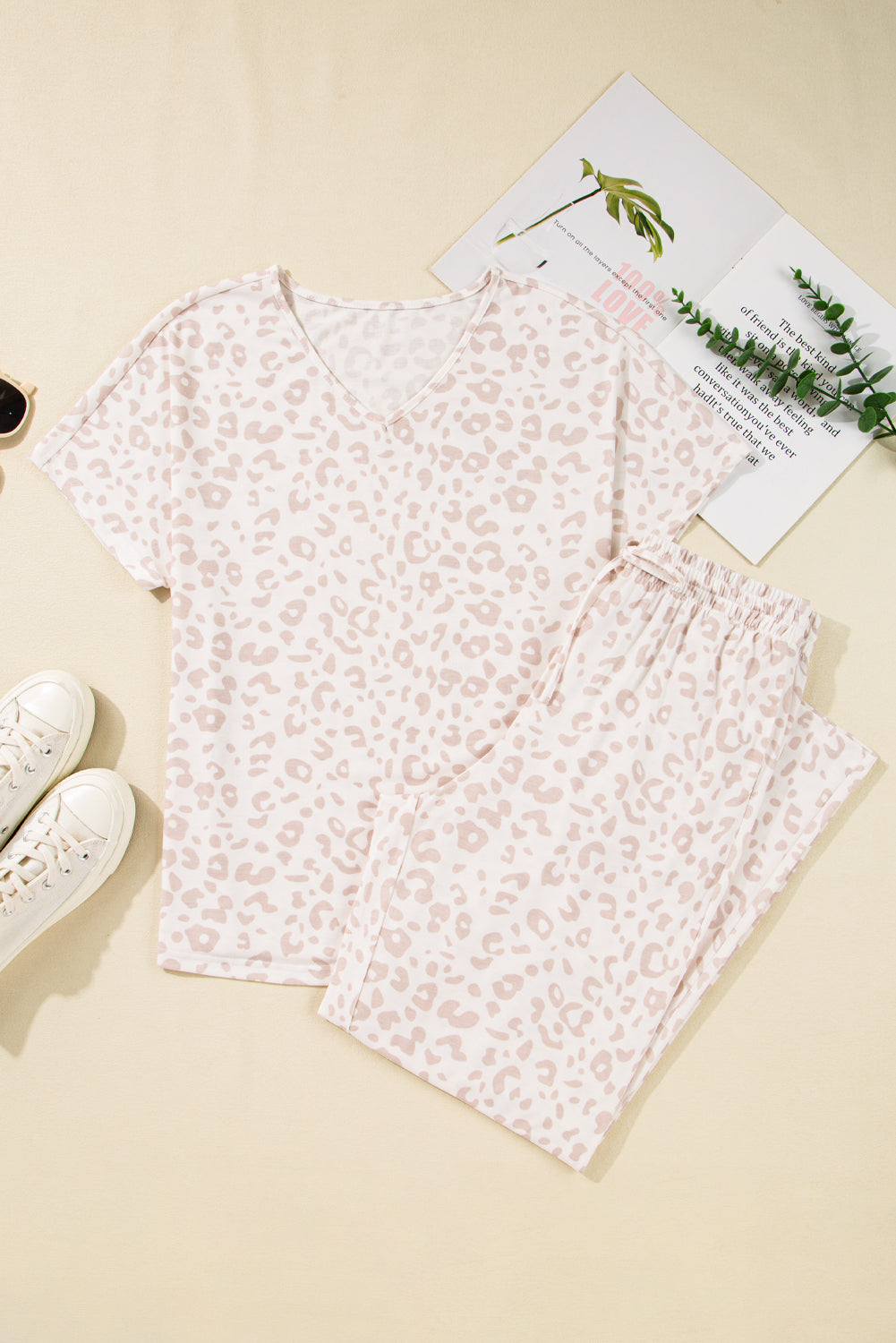 Beige Cheetah V Neck Tee and Pants Pajama Set