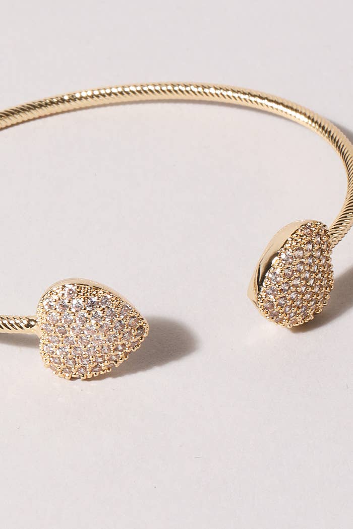 2 Heart Pave Gold Wire Bangle Bracelet