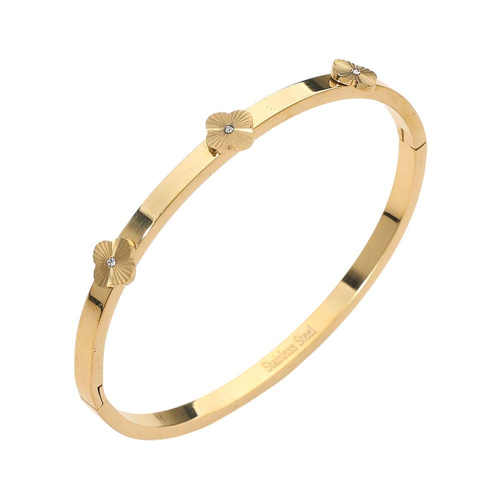Stainless Steel Center Quatrefoil Station Hinged Bangle Bracelet