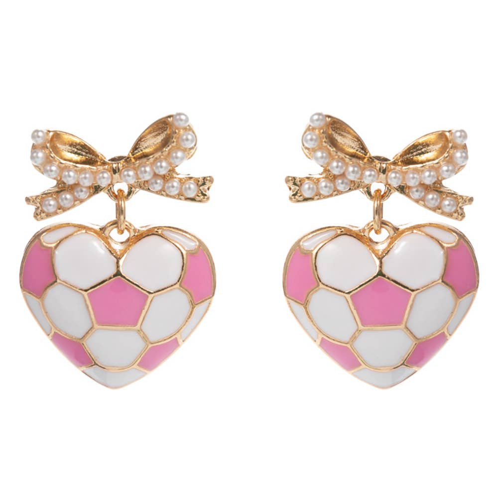Pearl Bow Heart Shaped Soccer Ball Drop Dangle Earrings