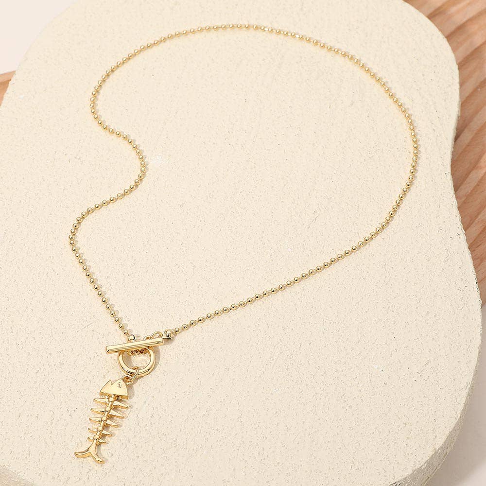 Metal Fishbone Toggle Pendant Beaded Chain Necklace