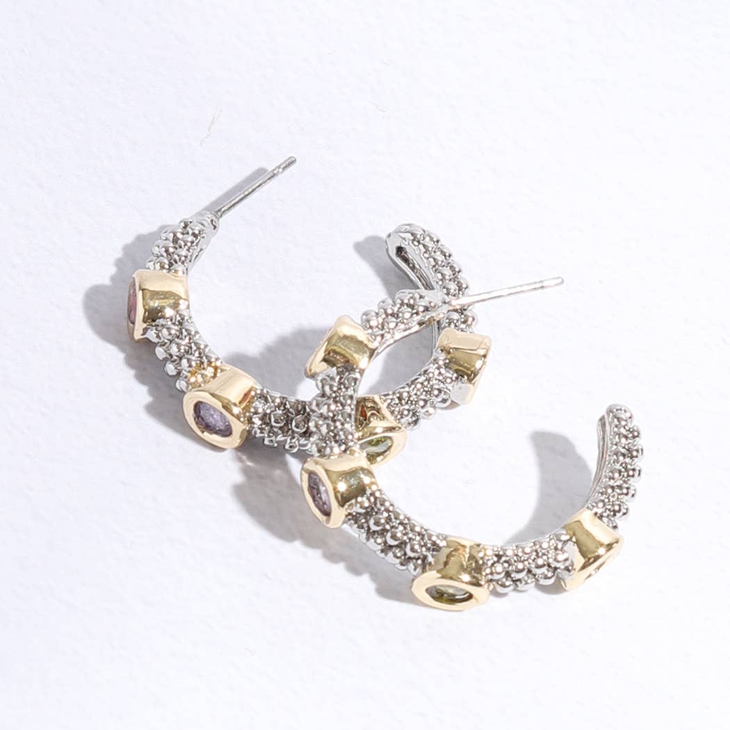 Stones Gold Pointed Silver Hoop Post Earring