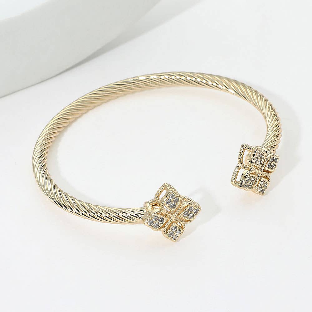 14K Gold Plated Pave Clover Tip Twisted Cuff Bracelet