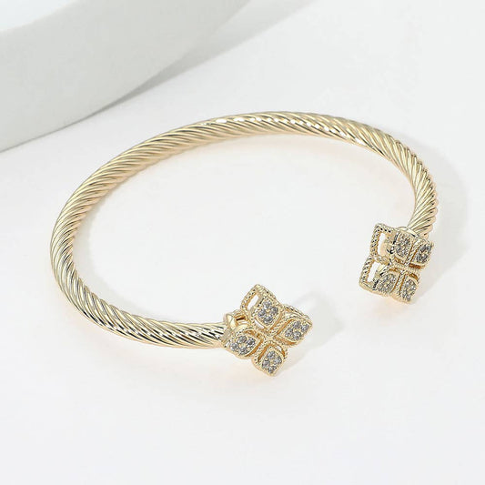 14K Gold Plated Pave Clover Tip Twisted Cuff Bracelet