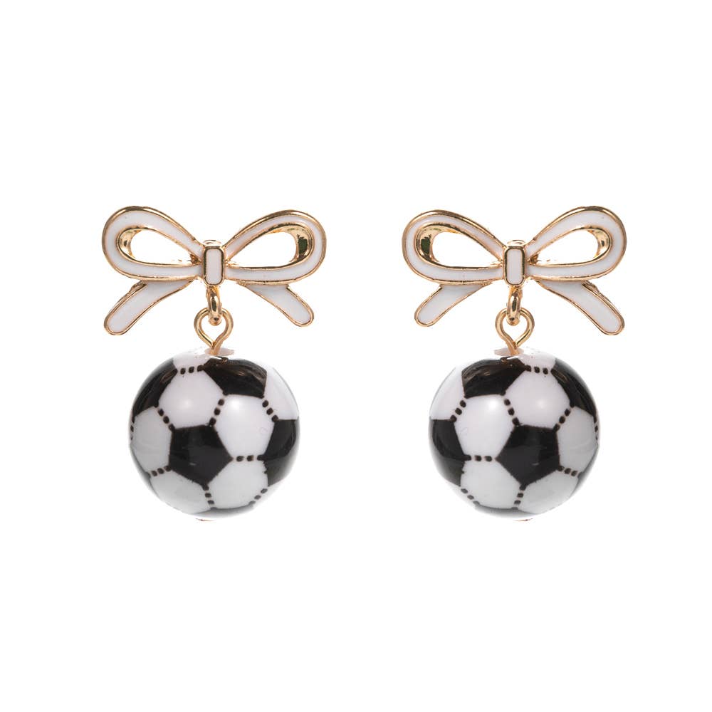 Bow Accent Soccer Ball Drop Dangle Earrings