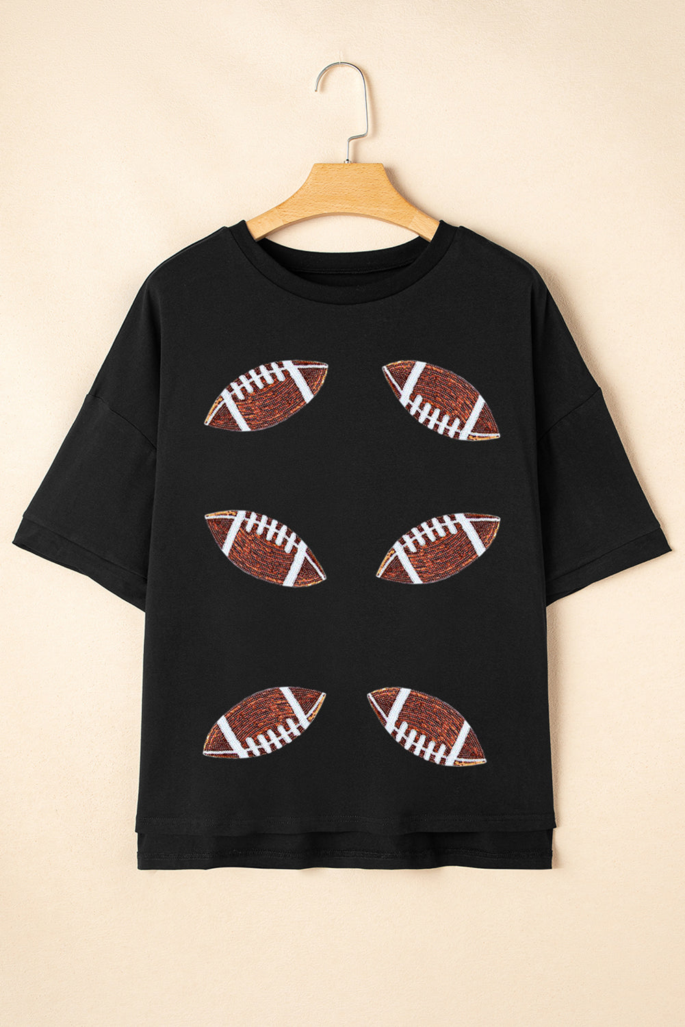 Black Sequin Football Patched Crewneck Loose T Shirt
