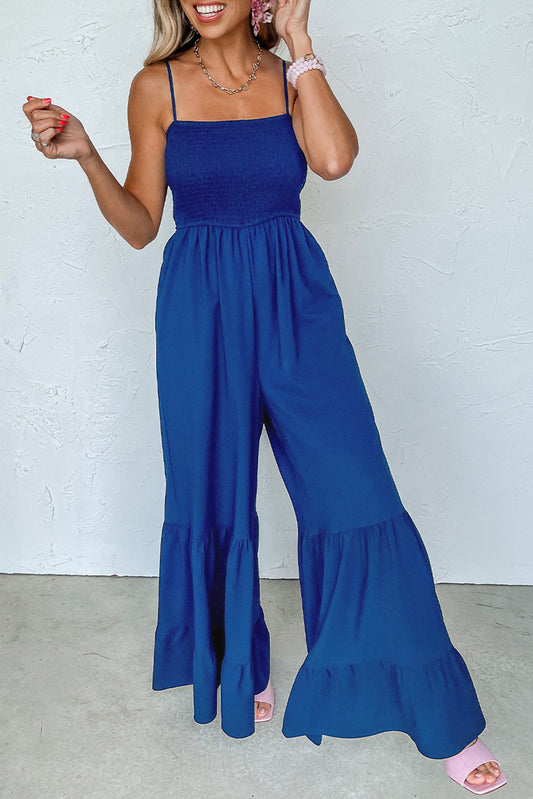 Royal Blue Spaghetti Straps Smocked Ruffled Wide Leg Jumpsuit