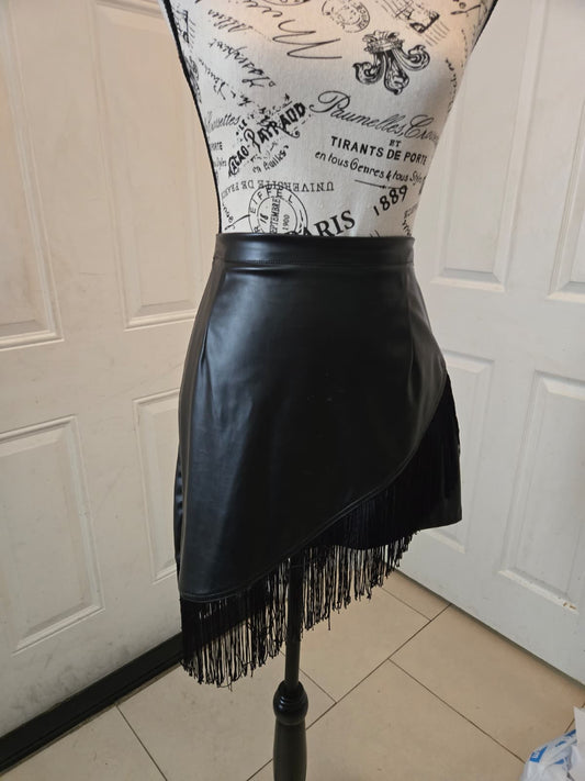 Black Faux‑Leather Asymmetrical Wrap Skirt with Fringe – Size XL (No Brand Listed)