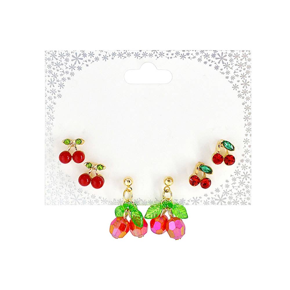 SET OF 3 - Cherry Stud Dangle Earring Set