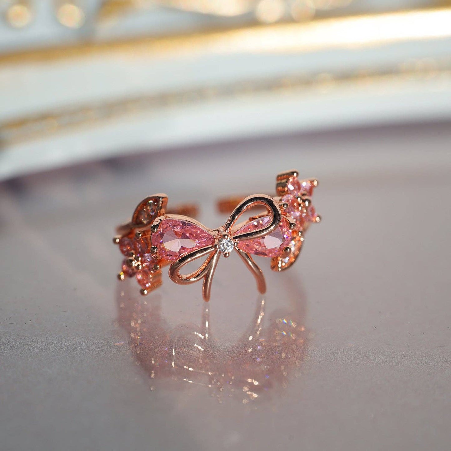 Pink Bow Knot Flower Leaf Adjustable Ring in Solid Copper