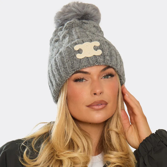 Cable Knit Pom Pom Beanie Hat with Logo