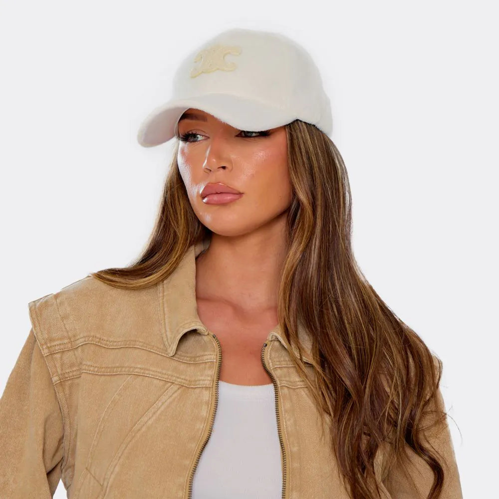 Baseball Cap with Logo In White Faux Fur