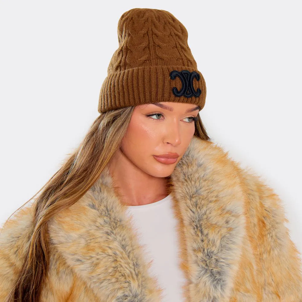 Cable Knit Beanie with Logo in Brown